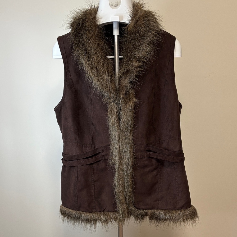 Vtg Y2K Bagatelle Boho Women's Brown Faux Fur Trim Vest Layering Piece Sz XL